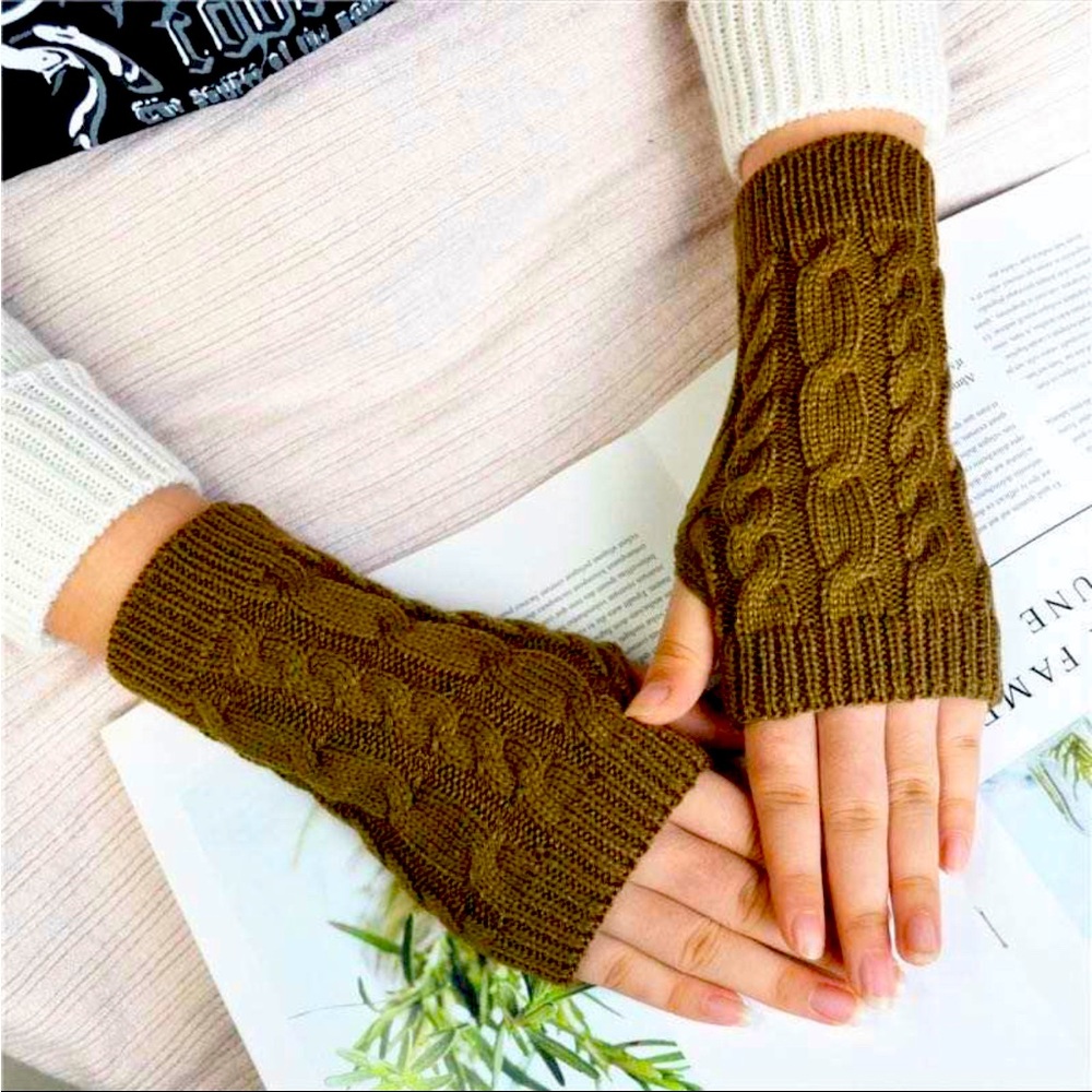 Olive Winter Fingerless Glove Thumbhole Arm Warmers